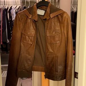 Leather jacket with hood